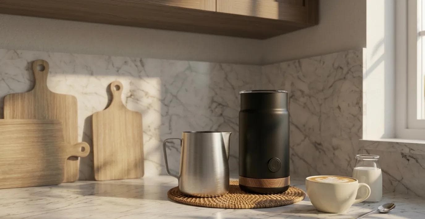 Sfeervolle keukenafbeelding: Een kop cappuccino op een aanrecht met een Philips LatteGo melkopschuimer ernaast