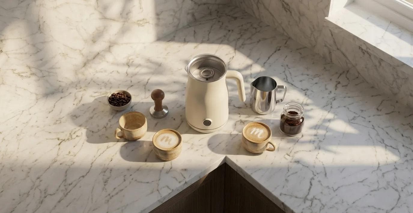 Detailopname: Een kop cappuccino op een aanrecht met een Philips LatteGo melkopschuimer ernaast