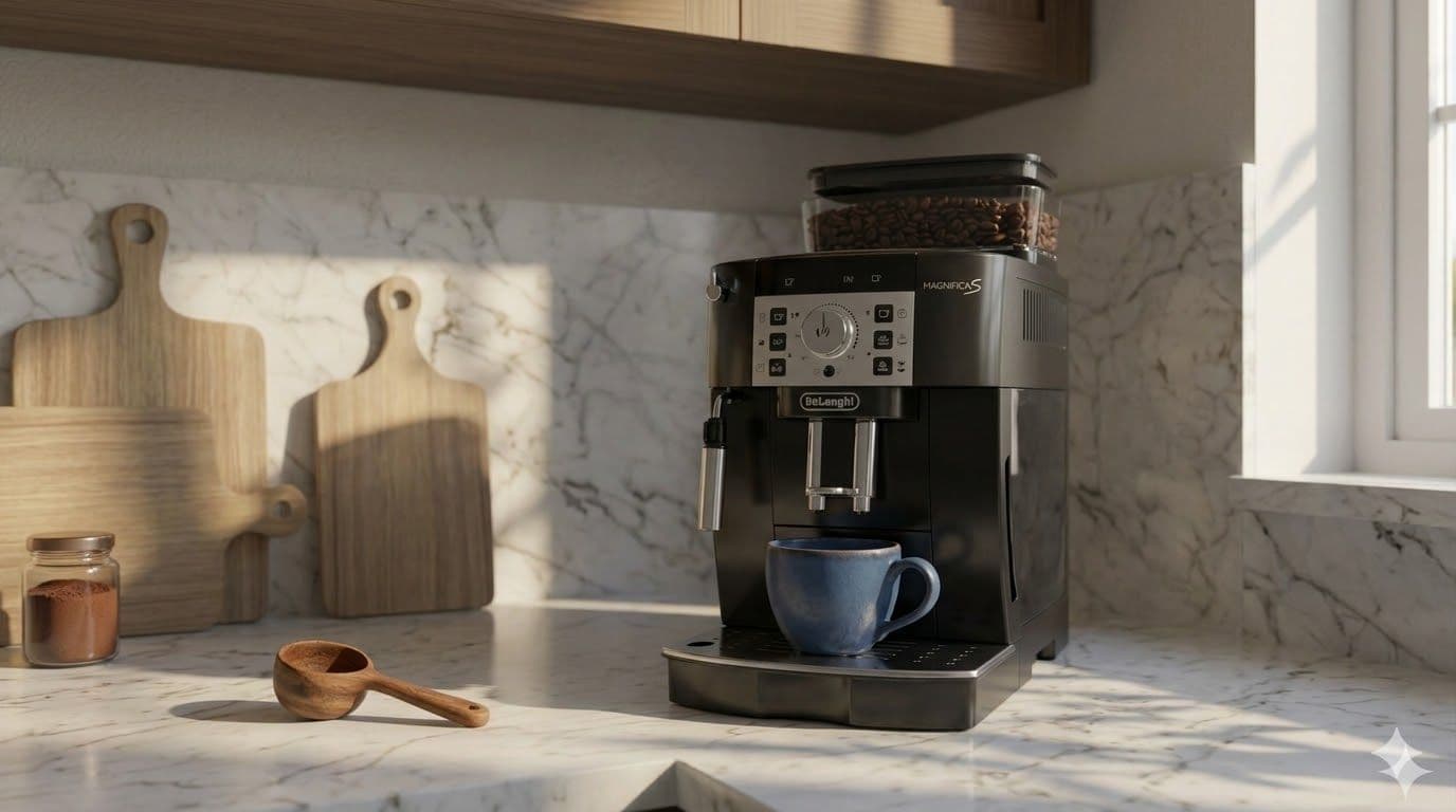 De'Longhi Magnifica S ECAM20.110.B volautomatische espressomachine in zwart op marmeren aanrecht